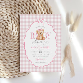 Rosa Bow Gingham Nalle Baby Shower Inbjudningar