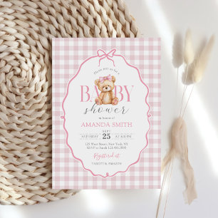 Rosa Bow Gingham Nalle Baby Shower Inbjudningar