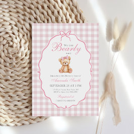 Rosa Bow Gingham Nalle Baby Shower Inbjudningar