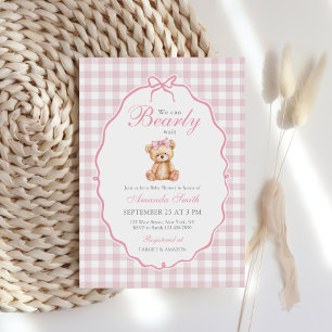 Rosa Bow Gingham Nalle Baby Shower Inbjudningar