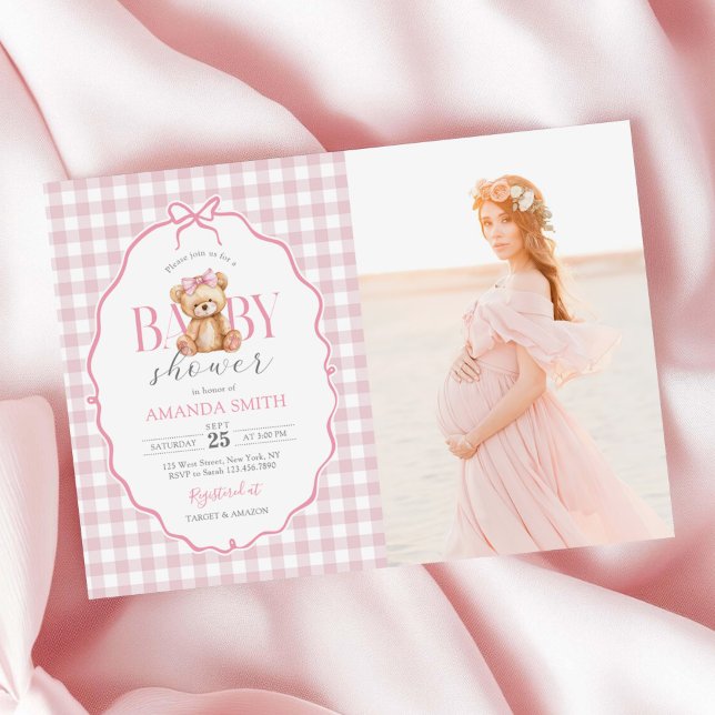 Rosa Bow Gingham Nalle Baby Shower Photo Inbjudningar (Skapare uppladdad)
