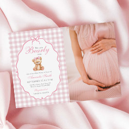 Rosa Bow Gingham Nalle Baby Shower Photo Inbjudningar