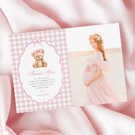 Rosa Bow Gingham Nalle Baby Shower Photo Tack Kort