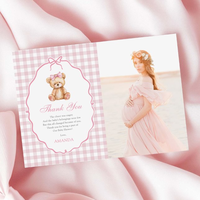 Rosa Bow Gingham Nalle Baby Shower Photo Tack Kort (Skapare uppladdad)