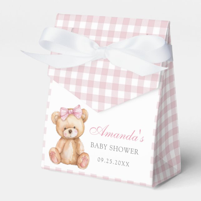 Rosa Bow Gingham Nalle Baby Shower Presentaskar (Framsidan Sidan)