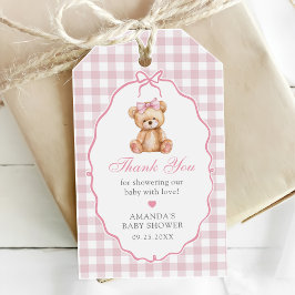 Rosa Bow Gingham Nalle Baby Shower Presentetikett