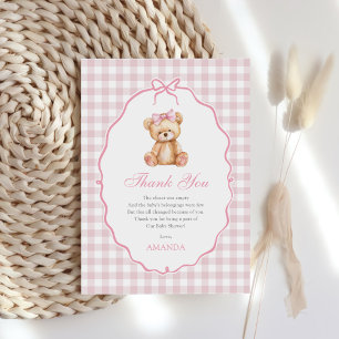 Rosa Bow Gingham Nalle Baby Shower Tack Kort