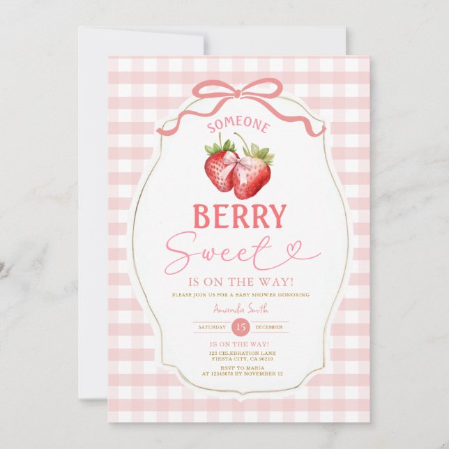 Rosa Bow Gingham Strawberry Baby Shower Inbjudningar (Framsida)