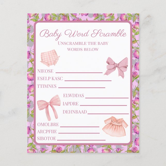 Rosa Bow Girl Baby Shower Ord Scramble (Framsida)