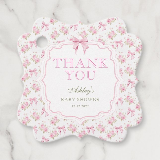 Rosa Bow Girl Baby Shower Tack Gåvor Etiketter (Framsida)