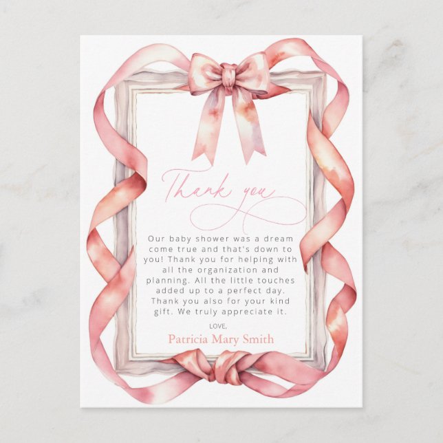 Rosa Bow Girl Baby Shower Tack PostCard Vykort (Framsida)