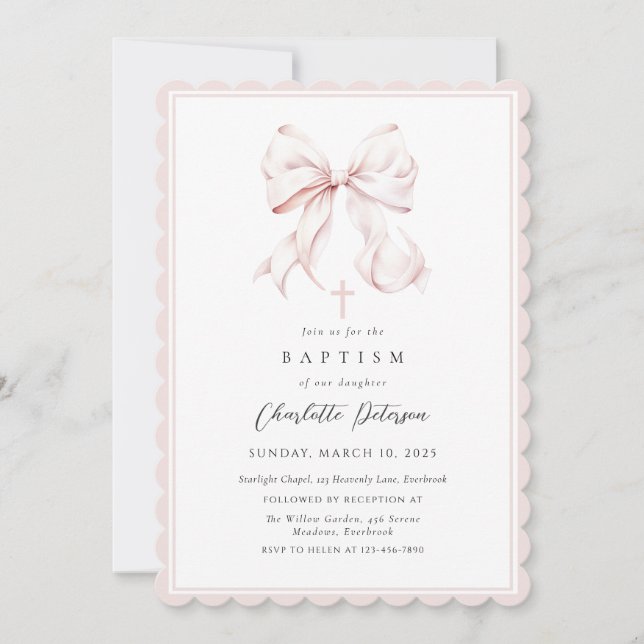 Rosa Bow Girl Baptism-inbjudan Inbjudningar (Framsida)