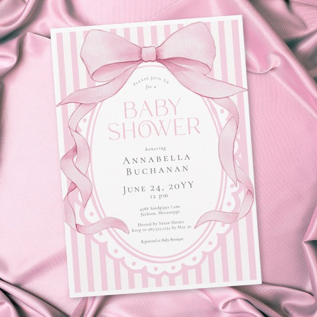 Rosa Bow Girl Coquette Randig Bebis Shower  Inbjudningar (Skapare uppladdad)