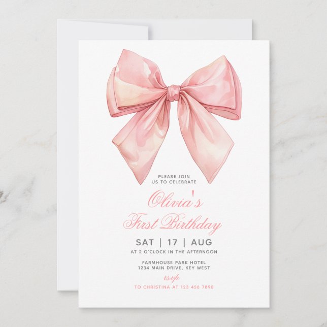  Rosa Bow Girl First Birthday-inbjudan Inbjudningar (Framsida)