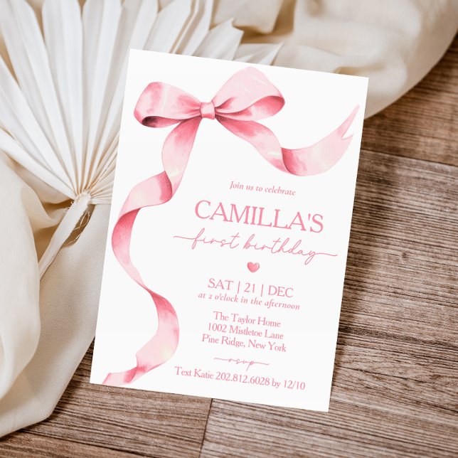 Rosa Bow Girl First Birthday-inbjudan Inbjudningar (Skapare uppladdad)