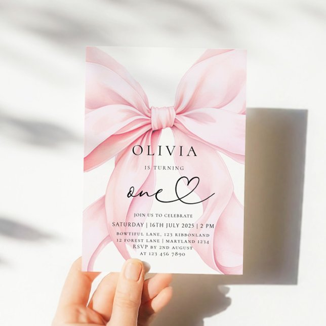 Rosa Bow Girl First Birthday Inbjudningar (Skapare uppladdad)