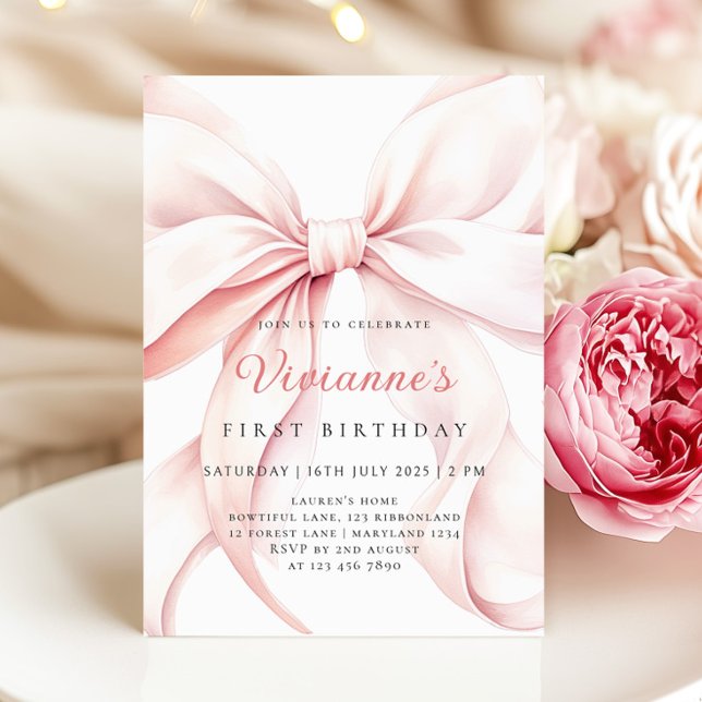 Rosa Bow Girl First Birthday Inbjudningar (Skapare uppladdad)