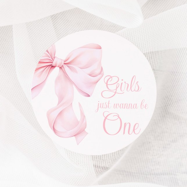 Rosa Bow Girl First Birthday Runt Klistermärke (Skapare uppladdad)