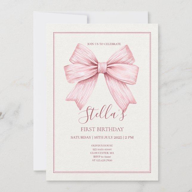 Rosa Bow Girl Först Inbjudningar (Framsida)