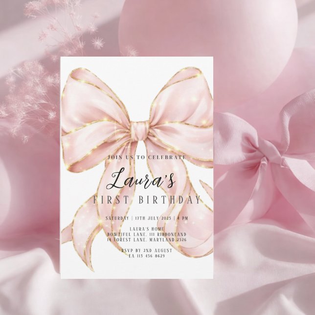 Rosa Bow Girl Första Födelsedagen Inbjudningar (Skapare uppladdad)