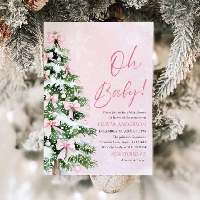Rosa Bow Girl Julgran Oh Baby Baby Shower Inbjudningar (Skapare uppladdad)