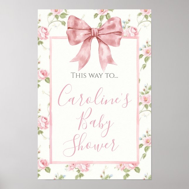 Rosa Bow Girl Preppy Shower Direction Signage Poster (Framsidan)