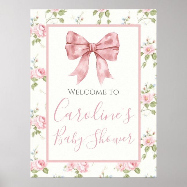 Rosa Bow Girl Preppy Southern Baby Shower Poster (Framsidan)