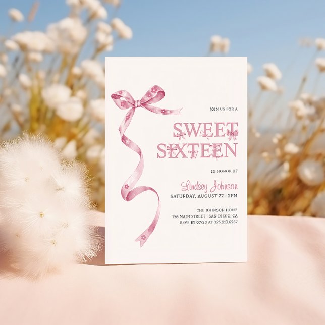Rosa Bow Girl Sweet sixteen 16:e födelsedagen Inbjudningar (Skapare uppladdad)