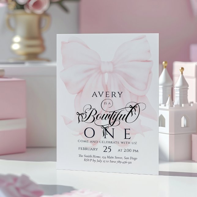 Rosa Bow Girls 1:a födelsedag Inbjudningar (Skapare uppladdad)