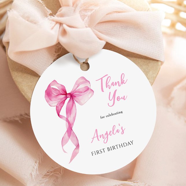 Rosa Bow Girls 1:a födelsedag Tack Gåvor Etiketter (Skapare uppladdad)