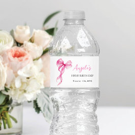 Rosa Bow Girls 1:a födelsedag Vattenflaskor Etikett