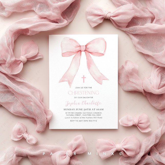 Rosa Bow Girls Christening Coquette Inbjudningar (Pink Bow Christening Invitation | Girls Coquette Baptism Invitation)