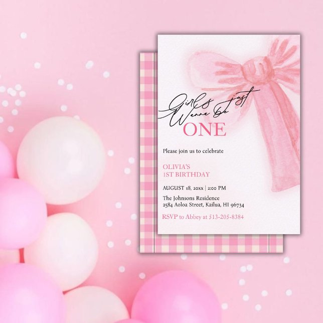 Rosa Bow Girls vill bara bli en första födelsedag Julkort (Skapare uppladdad)