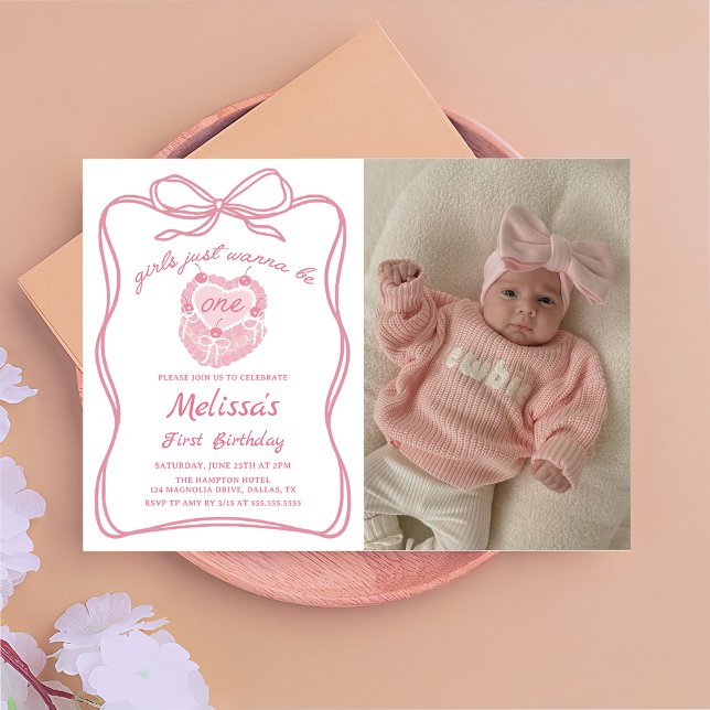 Rosa Bow Girls vill bara bli ett foto på födelseda Inbjudningar (Skapare uppladdad)