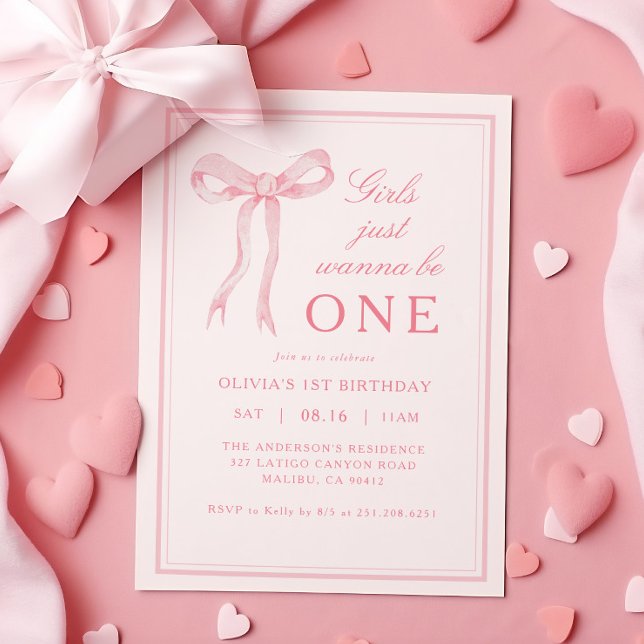 Rosa Bow Girls vill bara vara en första födelsedag Inbjudningar (Skapare uppladdad)