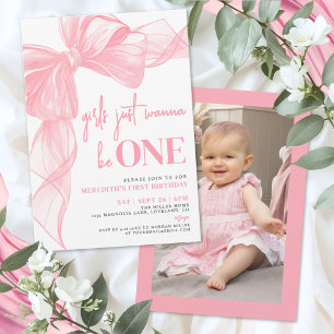Rosa Bow Girls Vill Vara EN 1-års Födelsedag Inbjudningar