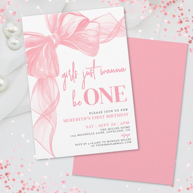 Rosa Bow Girls Vill Vara ENDA 1-års Födelsedag Inbjudningar (Pink Bow Girls Just Wanna Be ONE 1st Birthday Invitation)