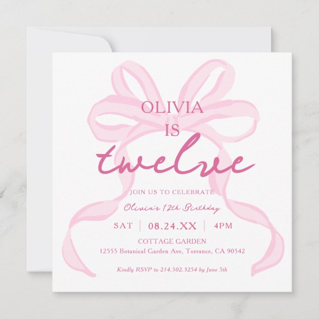 Rosa Bow Girly Coquette 12:e Födelsedagsfest Squar Inbjudningar (Framsida)