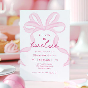 Rosa Bow Girly Coquette Girls 12:e Födelsedagsfest Inbjudningar