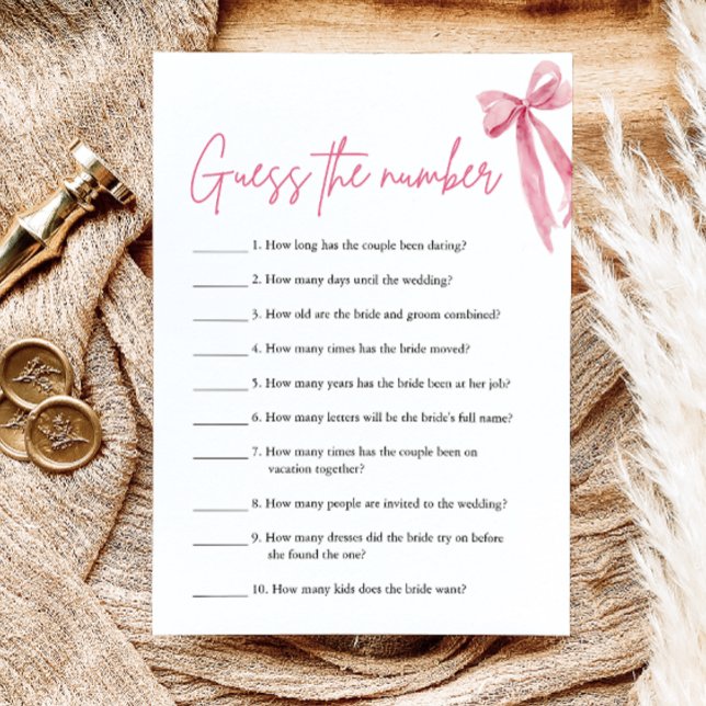  Rosa Bow gissar talmatchen i Möhippan Nummer Inbjudningar (Blush Pink Bow Guess the Number Bridal Shower Game)