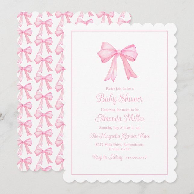 Rosa Bow GrandMillennium Preppy Baby Shower Inbjudningar (Fram/baksida)