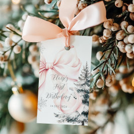 Rosa Bow Gräs Träd Winter Onederland 1:a födelseda Presentetikett