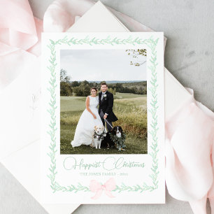 Rosa Bow Greenery Traditionellt julfoto Julkort
