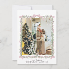 Rosa Bow Grönt Garland Backside Message Julkort