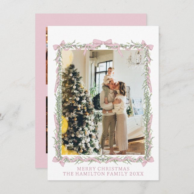 Rosa Bow Grönt Garland Gingham jul 5 Foto Julkort (Fram/baksida)