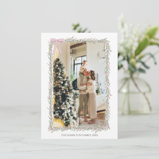 Rosa Bow Grönt Garland julfoto Inbjudningar (Stående Fram)
