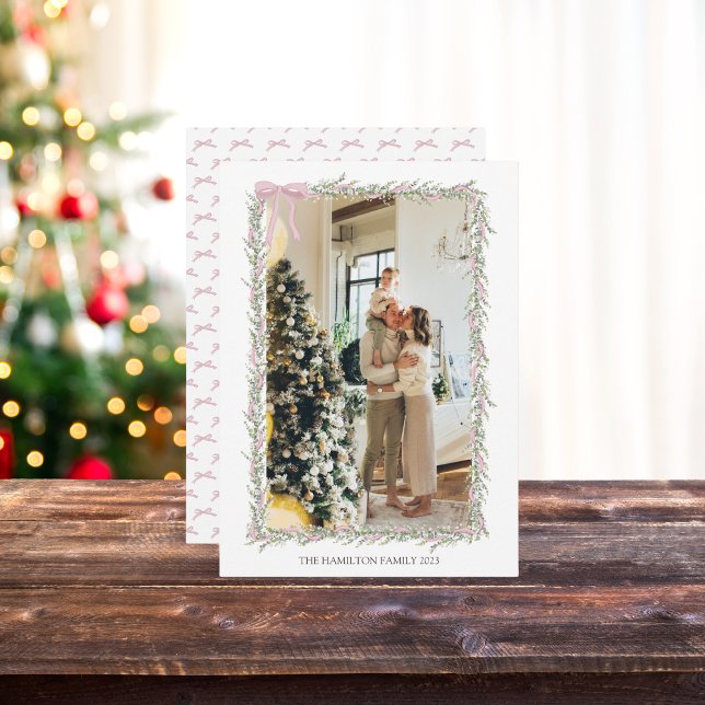 Rosa Bow Grönt Garland julfoto Julkort (Skapare uppladdad)