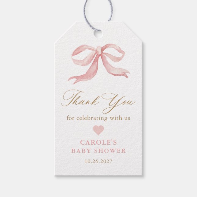 Rosa Bow Guld Girl Baby Shower Favoriter Presentetikett (Framsidan)
