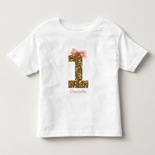 Rosa Bow Guld Glitter 1:a födelsedag T Shirt (Framsida)