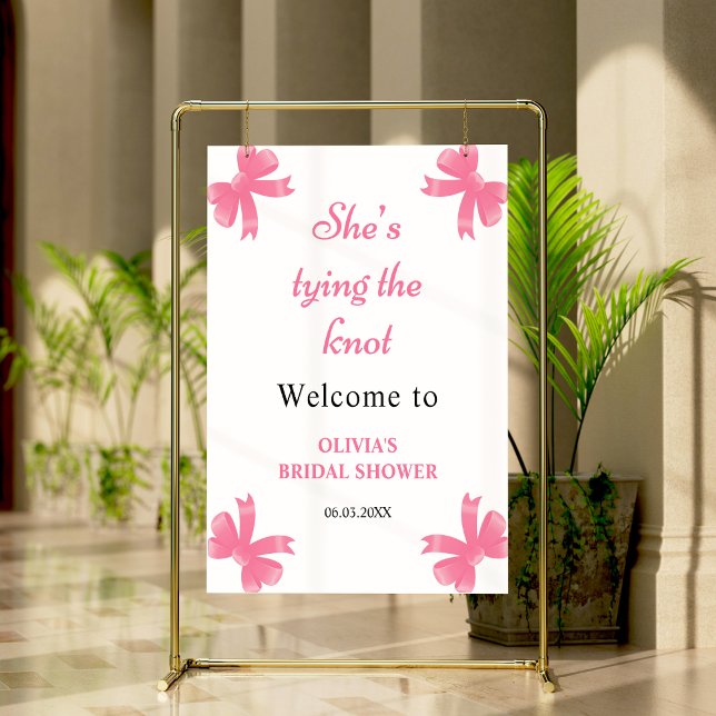 Rosa Bow Hon är Gifter sig Möhippa Poster (Pink Bow She's Tying The Knot Bridal Shower Welcome Sign )